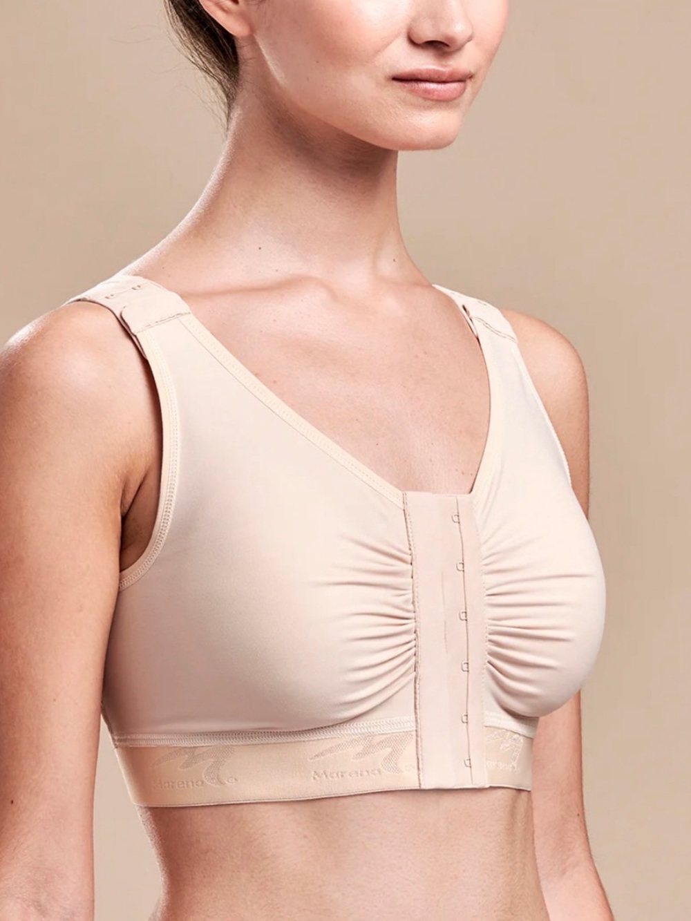 Marena Recovery Soft Shirred Front Closure Recovery Bra in Black and Light Nude
